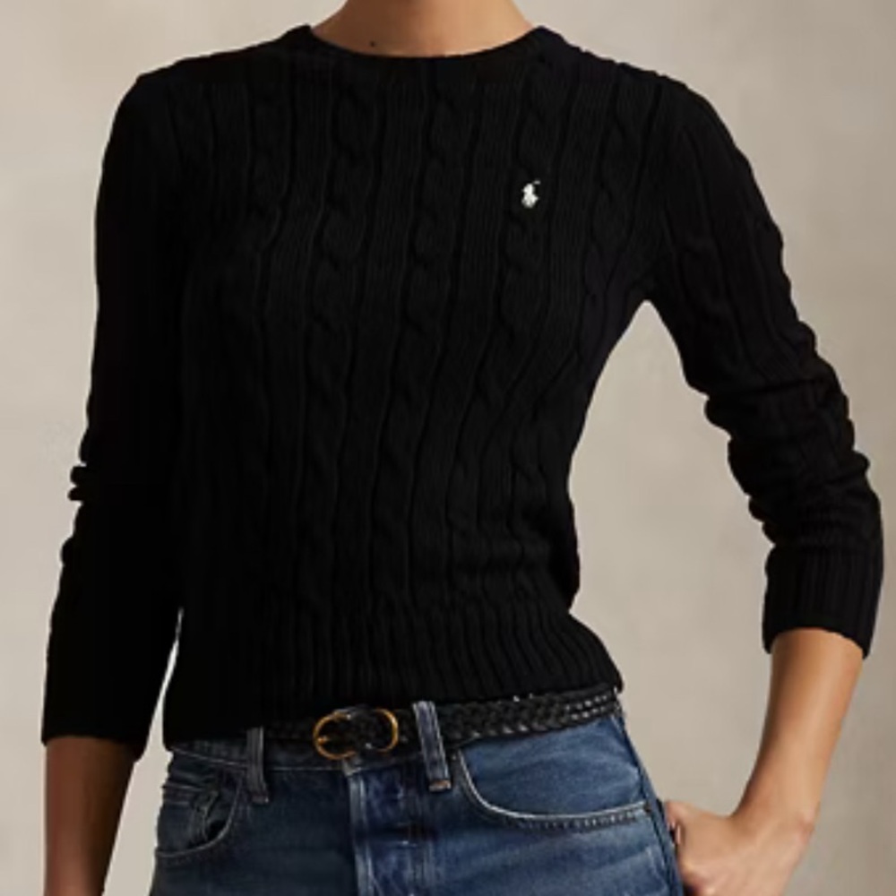 M Ralph Lauren black polo crew neck knit cable sweater white logo medium